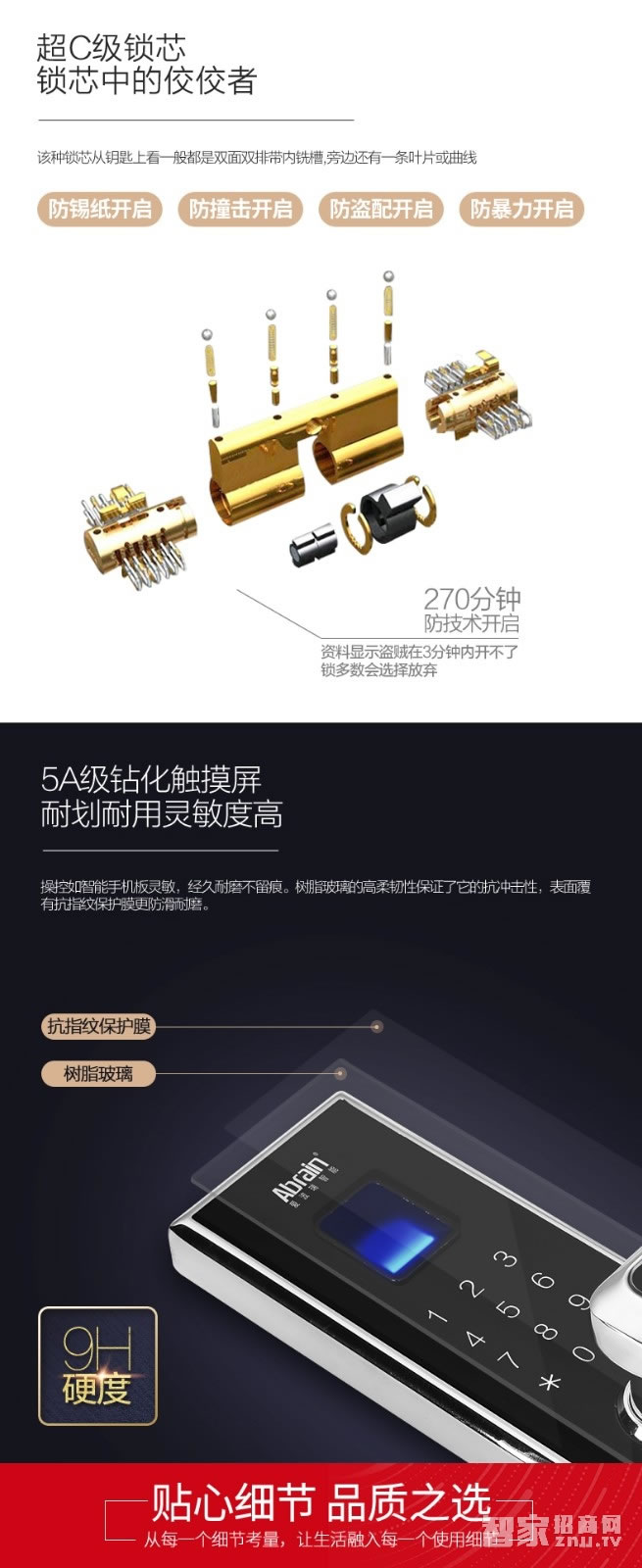 愛波瑞Abrain智能鎖 全不銹鋼超薄指紋密碼鎖