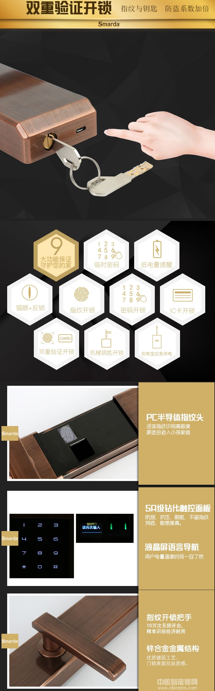 smarda指紋鎖 五大開鎖方式智能鎖 滑蓋指紋密碼電子鎖