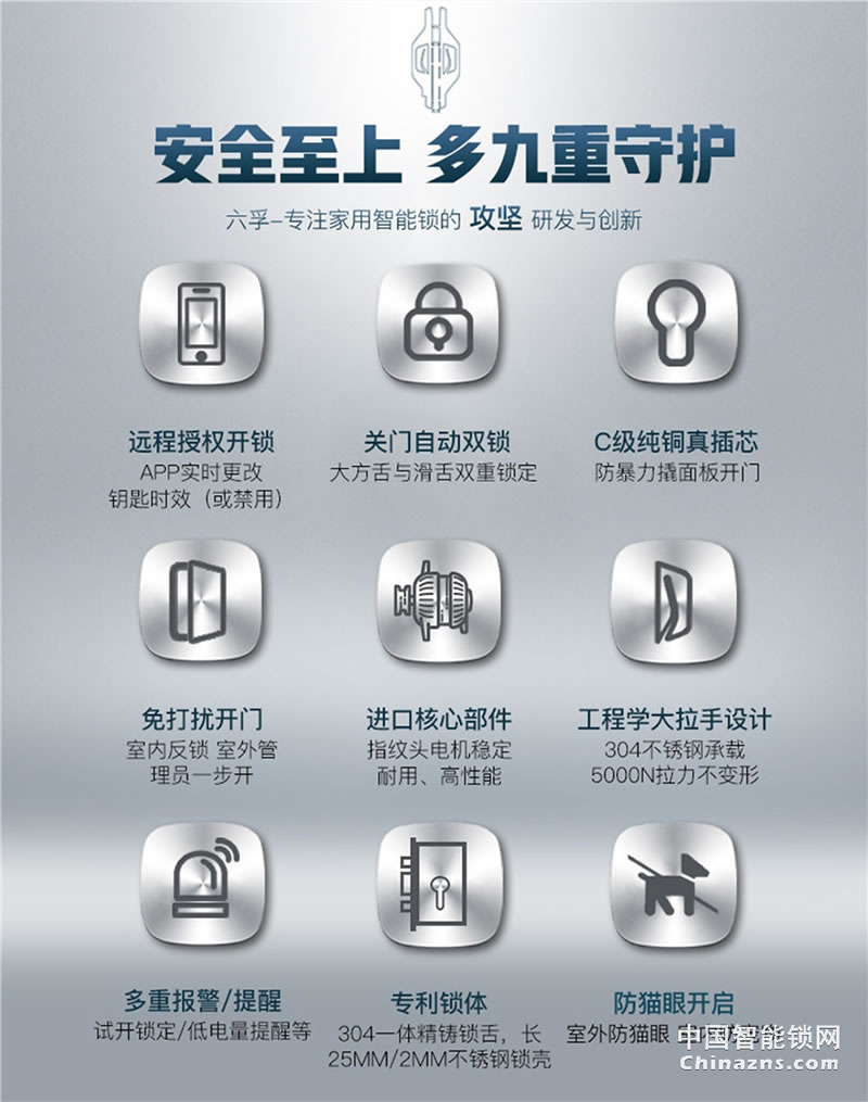 六孚指紋鎖 柏拉圖指紋防盜鎖 自動(dòng)鎖門/觸摸翻蓋/遠(yuǎn)程微信開(kāi)門