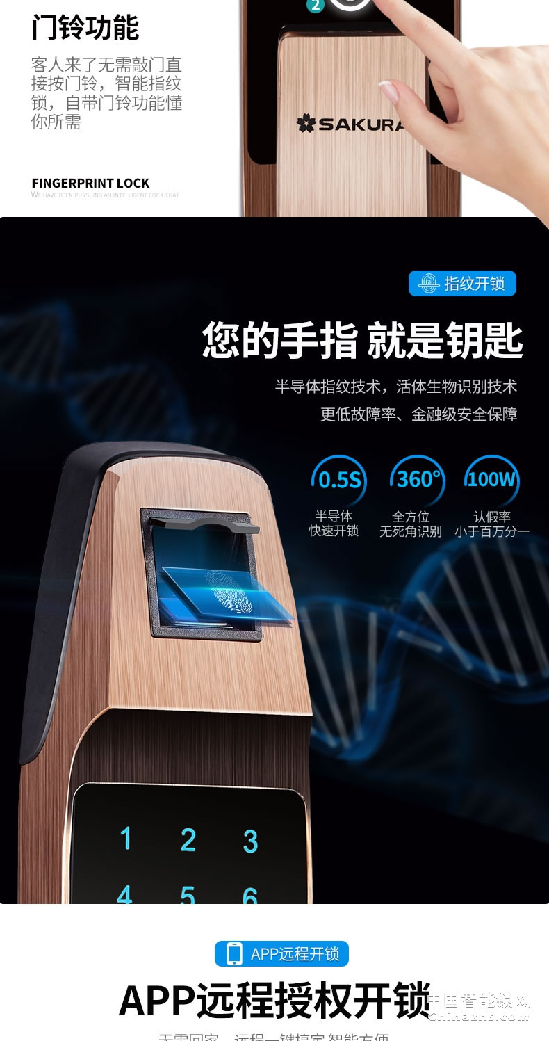 櫻花全自動(dòng)指紋鎖 家用防盜門智能電子鎖密碼開鎖