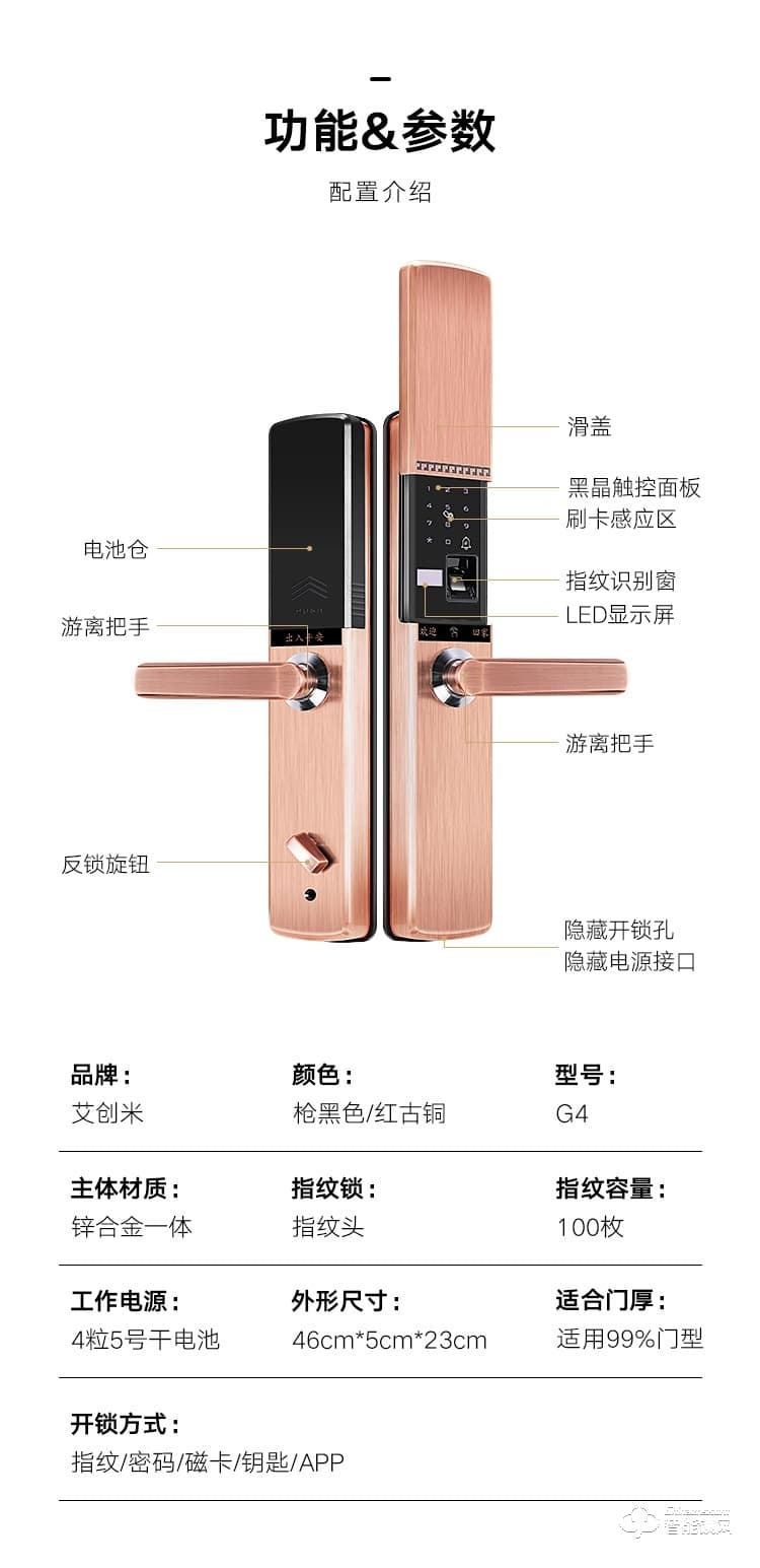 艾創(chuàng)米智能鎖 G4自動滑蓋指紋鎖密碼鎖