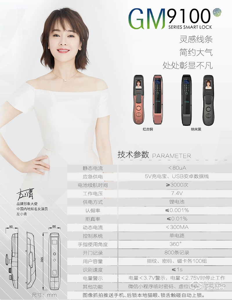 亞蒂仕智能鎖 GM9100家用防盜門貓眼電子門鎖