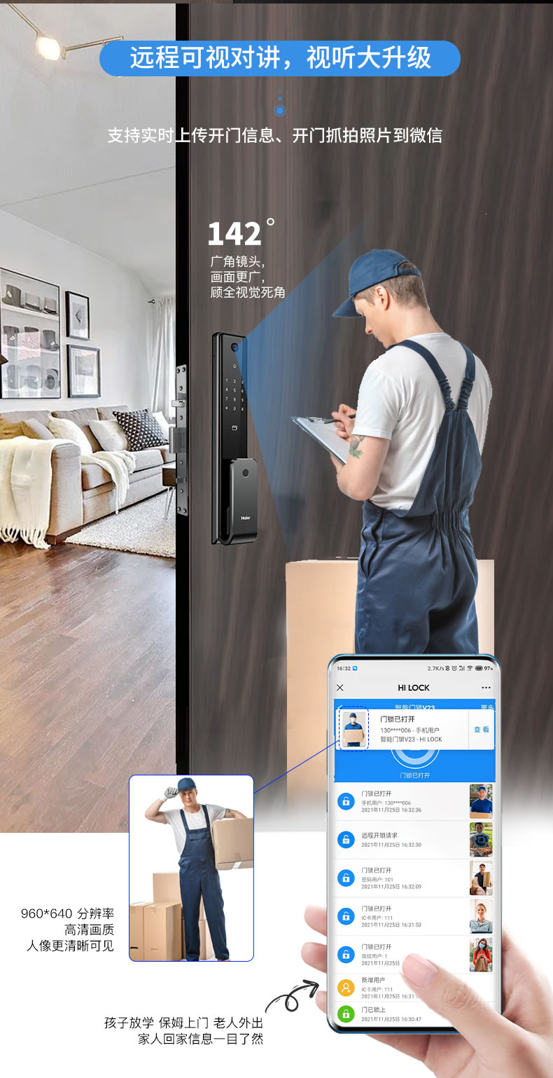 海爾智能鎖3D人臉識別指紋鎖23V可視貓眼密碼鎖家用鎖V23