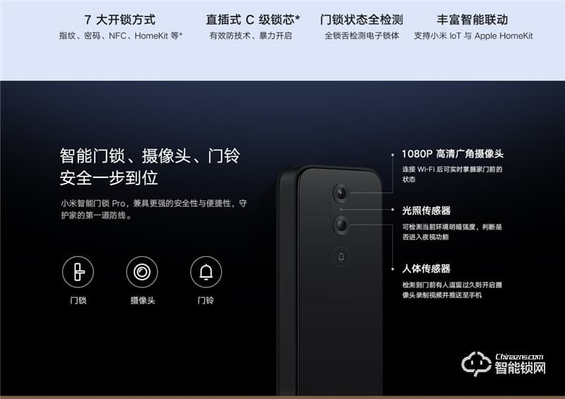 小米智能門鎖 Pro碳素黑 高清超廣角攝像頭