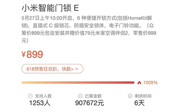 小米智能鎖開啟眾籌,半小時籌集金額突破1000% 小米智能鎖開啟眾籌,半小時籌集金額突破1000%