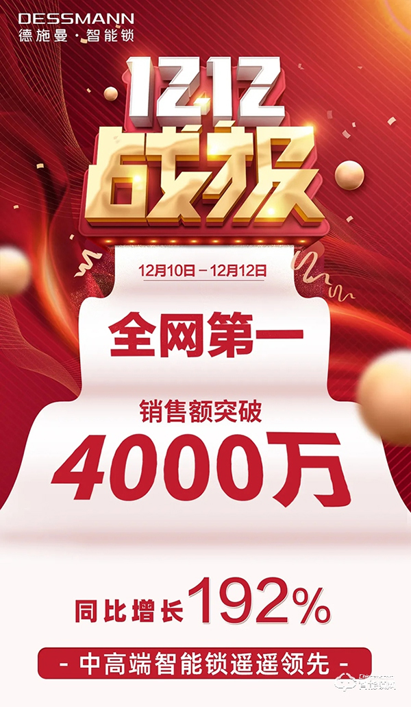 德施曼雙12再獲全網(wǎng)第一，4千元高端3D人臉視頻鎖R8爆賣(mài)奪天貓銷(xiāo)冠