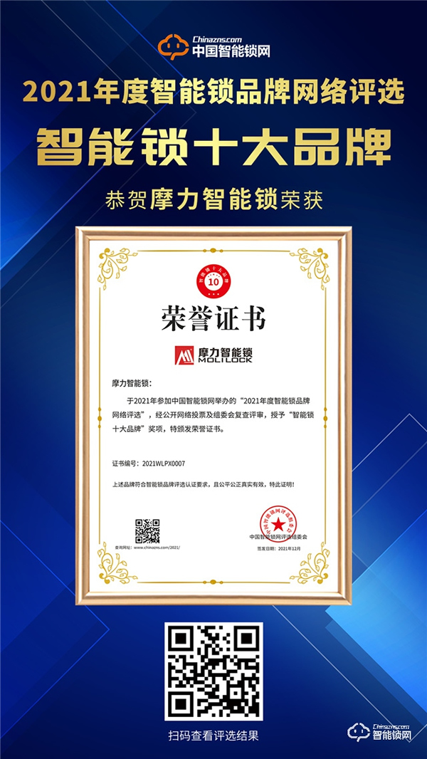 榮譽加身！2021中國智能鎖十大品牌--摩力智能鎖實力霸屏！